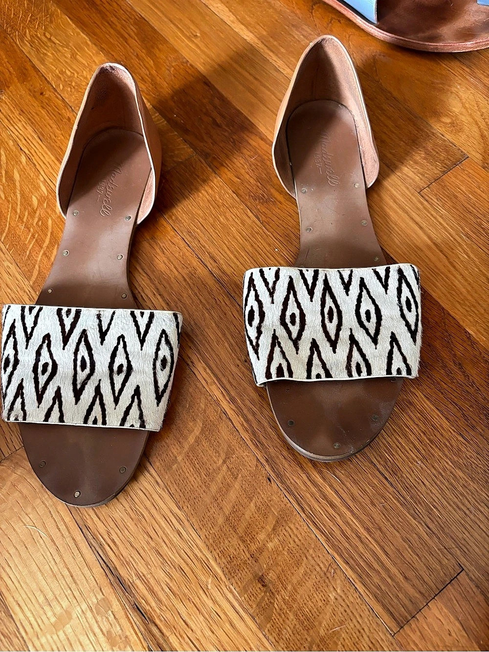 Madewell The Thea Sandal in Ikat Calf Hair Brown & White Slides